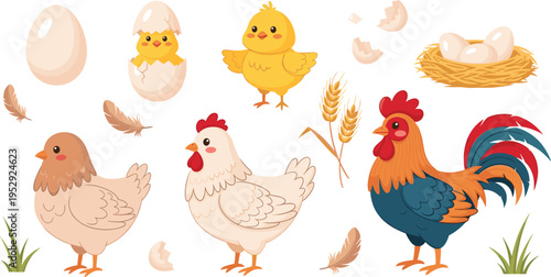 Chicken Farm Animal Illustration Collection with Hen Rooster Chick Eggs Nest Wheat and Feathers Poultry Farming Elements for Agriculture Design