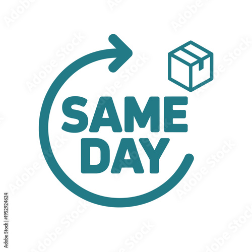 A teal graphic depicts same day delivery with a box and circular arrow