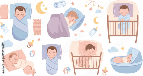 Sleeping Baby Collection with Newborn Infants in Crib Bed and Blanket with Night Elements in Soft Cartoon Vector Illustration Style.