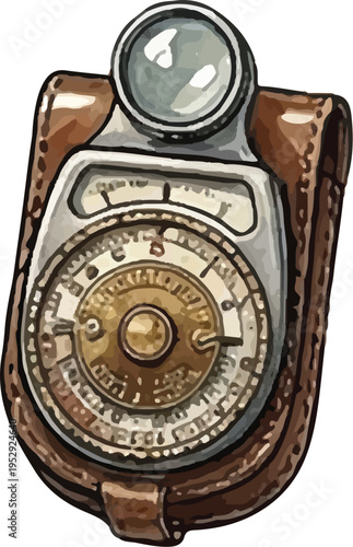 Vintage Steampunk Pocket Magnifier with Compass Gauge Leather Case Illustration Vector Art Isolated on White Background