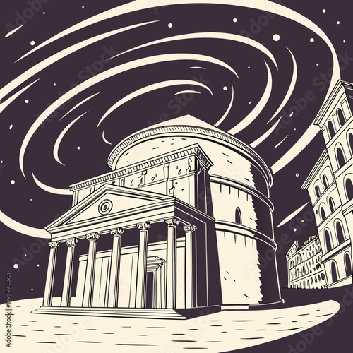 Pantheon building exterior with stylized cosmic swirls in night sky with line art