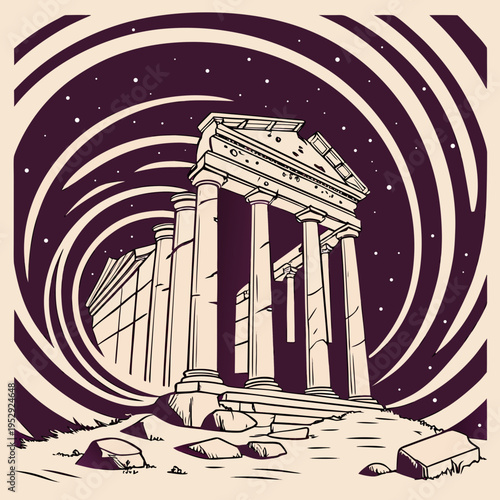 Ancient greek temple ruins with classical columns against a swirling purple sky and stars, symbolizing history and mystery, stone ruins