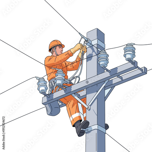 An electrician in an orange uniform and hard hat works on a utility pole, adjusting power lines with insulators and crossarms, secured by a safety harness.