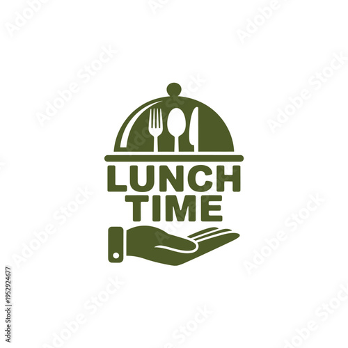 A dark green lunch time logo featuring cutlery under a dome and a hand