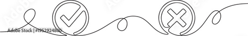 Black and white line of checkmark and cross in circles connected by curved line checkmark