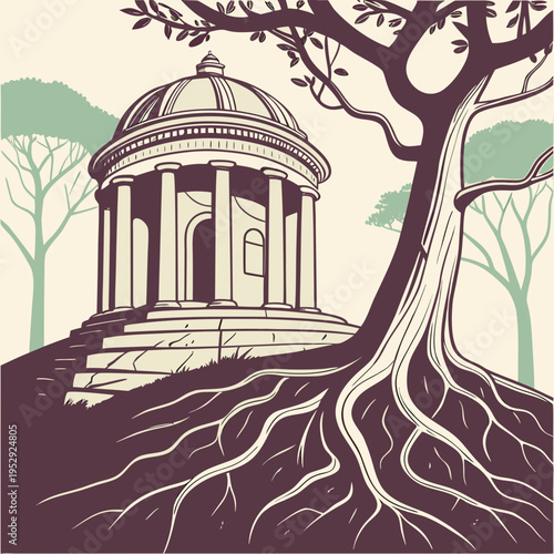 A large tree with deep roots beside a classical temple with a dome and columns, set against a simple background, roots system