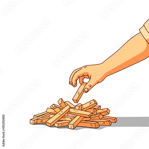 A hand picking up a single wooden block from a scattered pile of wooden sticks on a white background.