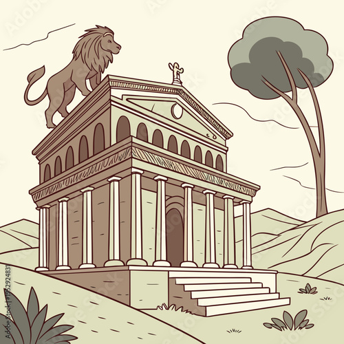 Ancient greek-style temple with colonnade and sculptures of lions, set in a rolling landscape under a pale sky, ancient ruins