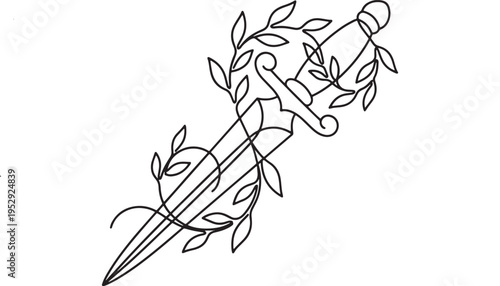 Black ink botanical line of a flowering plant with leaves and stem botanical flowering plant