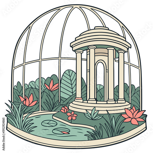 Ornate classical pavilion with pond and flowers, enclosed in a curved glass structure, creating a serene botanical garden, water lilies