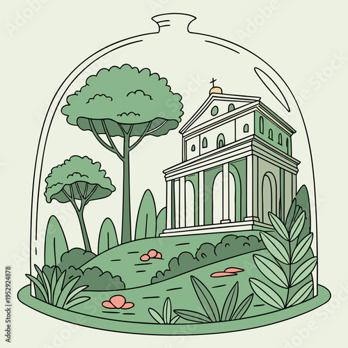 Stylized illustration of a classical temple enclosed within a glass dome, surrounded by lush greenery and trees