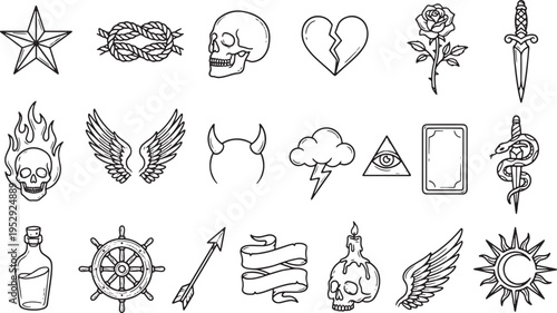Hand drawn collection of diverse and symbols in black and white star butterfly