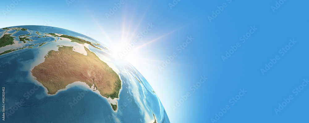 Fototapeta premium Sunrise on detailed satellite cartography of Earth globe from space, Australia continent, blue banner