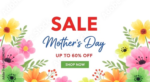Vibrant Mother's Day Sale banner with watercolor flowers and 'UP TO 60% OFF' text, perfect for spring holiday promotions and online marketing campaigns