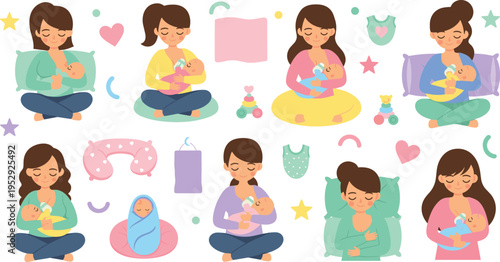 Breastfeeding Mothers Collection with Women Feeding Newborn Babies in Different Poses with Nursery Elements in Flat Cartoon Vector Illustration Style.