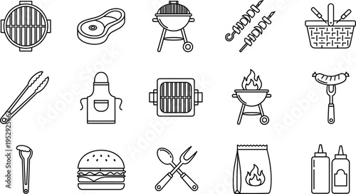 BBQ and grilling line icons set with barbecue grill, tools, food and outdoor cooking symbols isolated on white background for picnic and summer party concepts