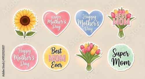 Watercolor Mother's Day Sticker Set with Sunflowers, Tulips, and Heart-Shaped Labels for Greeting Cards and Celebrations