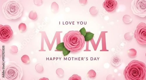 Elegant Mother's Day greeting card with pink and white roses, petals, and bokeh lights on a soft gradient background, featuring 