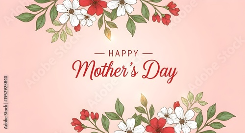 Elegant Happy Mother's Day greeting card with hand-drawn red and white flowers and green leaves on a soft pink background, perfect for celebration banners and social media posts.