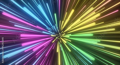 Vibrant multicolor light streaks bursting diagonally creating energetic abstract motion background with glowing dynamic effects