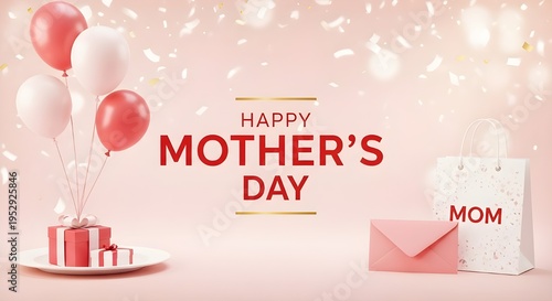 Happy Mother's Day greeting with red and white balloons, gift boxes, shopping bag, and envelope on a soft pink background with confetti, perfect for celebration banners and cards.