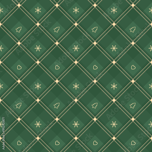 Elegant Green Argyle Plaid Pattern Featuring Gold Lines, Christmas Trees, Stars, and Hearts for Festive Designs