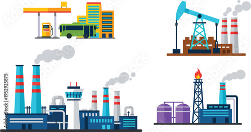 Energy and industrial infrastructure set, oil pump, gas station, power plants, fuel production, electricity systems, modern industry, flat vector illustration collection