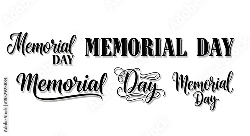 Set of 5 black and white Memorial Day typography designs, featuring various elegant and bold script and serif fonts, perfect for holiday greetings, banners, and digital marketing materials.