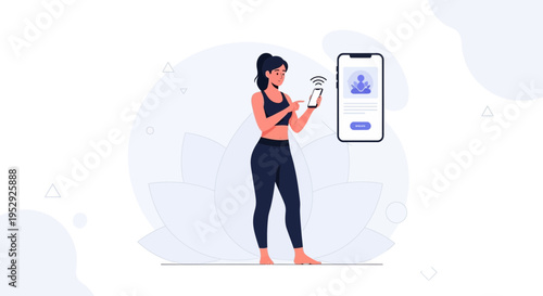 Woman using fitness app on phone, yoga pose background, digital wellness concept