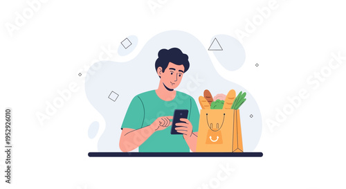 Man using smartphone for online grocery shopping, food delivery app, modern lifestyle