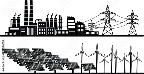 Energy production concept with industrial factory, power lines, solar panels, and wind turbines, renewable and nonrenewable sources comparison, black silhouette vector illustration