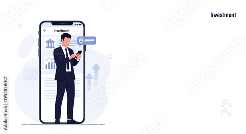 Businessman using smartphone for investment app with financial charts on screen