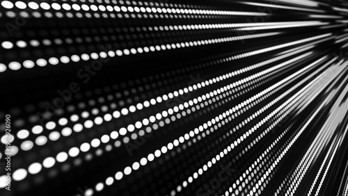 Streams of light rapidly pierce the darkness, forming rhythmic paths. A bright point acts as an impulse, carrying movement and energy through space. Vector