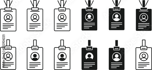 ID card badge line icons set with employee identification, name tag and access pass symbols isolated on white background for office and security concepts