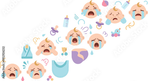 Set of Crying Baby Emotions with Newborn Faces Showing Different Expressions and Baby Care Elements in Cartoon Vector Illustration Style.
