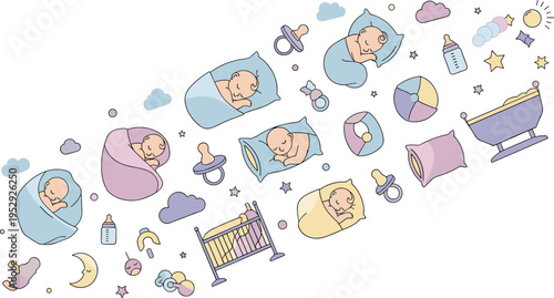 Cute Newborn Baby Elements Collection with Sleeping Infants Crib Toys Bottles and Nursery Items in Soft Cartoon Vector Illustration Style.