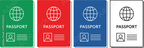 Passport Document Icon Set with Travel Identification Book Symbols, International Visa and Immigration Illustration for Tourism, Airport Services, and Global Mobility Design