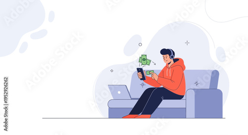Man with headphones on couch using phone for online money transfer, laptop nearby
