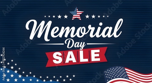 Memorial Day Sale banner with American flag elements, stars, and patriotic red, white, and blue colors on a dark blue background for holiday promotions