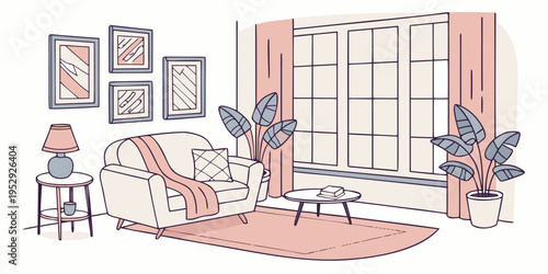 A cozy living room with a large window and a comfortable couch and chairs