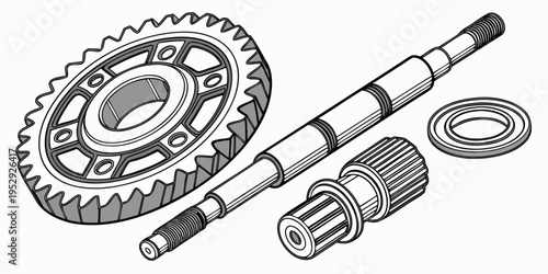 A detailed illustration of various mechanical gears and components