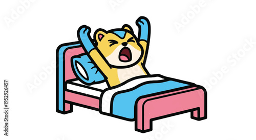 Cartoon bear awakening in bed with pink frame and turquoise accents