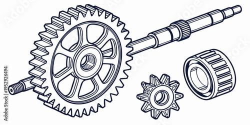 A detailed illustration of various mechanical gears and a shaft.