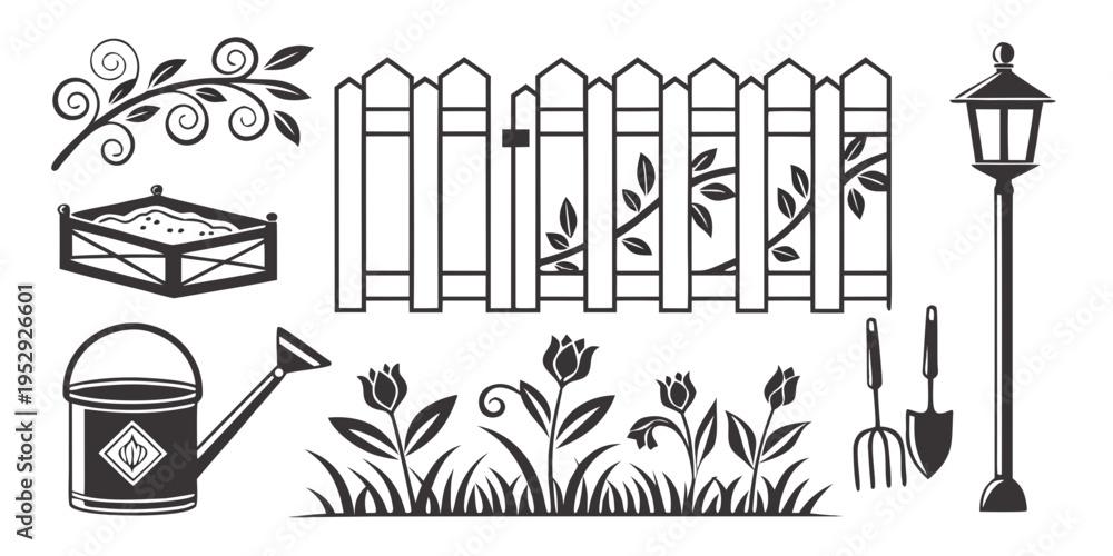 Obraz premium A detailed illustration showcasing various gardening tools and plants.