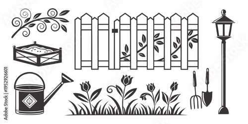 A detailed illustration showcasing various gardening tools and plants.
