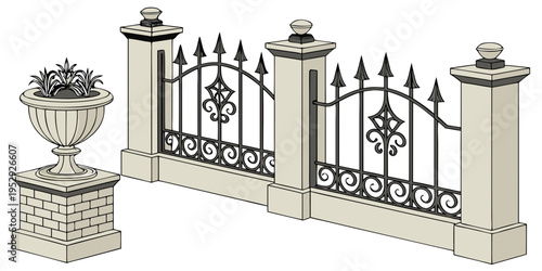 Ornate iron gate with decorative urns and intricate details on a stone pedestal.