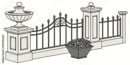 Elegant wrought iron fence with stone pillars and decorative urns.
