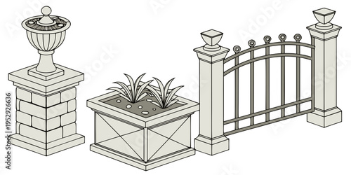 A collection of ornate garden planters and a decorative metal fence.