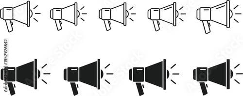 Megaphone line icons set with loudspeaker, announcement and promotion symbols isolated on white background for marketing, advertising and communication design concepts