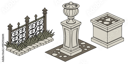 A collection of various garden and outdoor furniture items including a bench, a pedestal, and a chest.